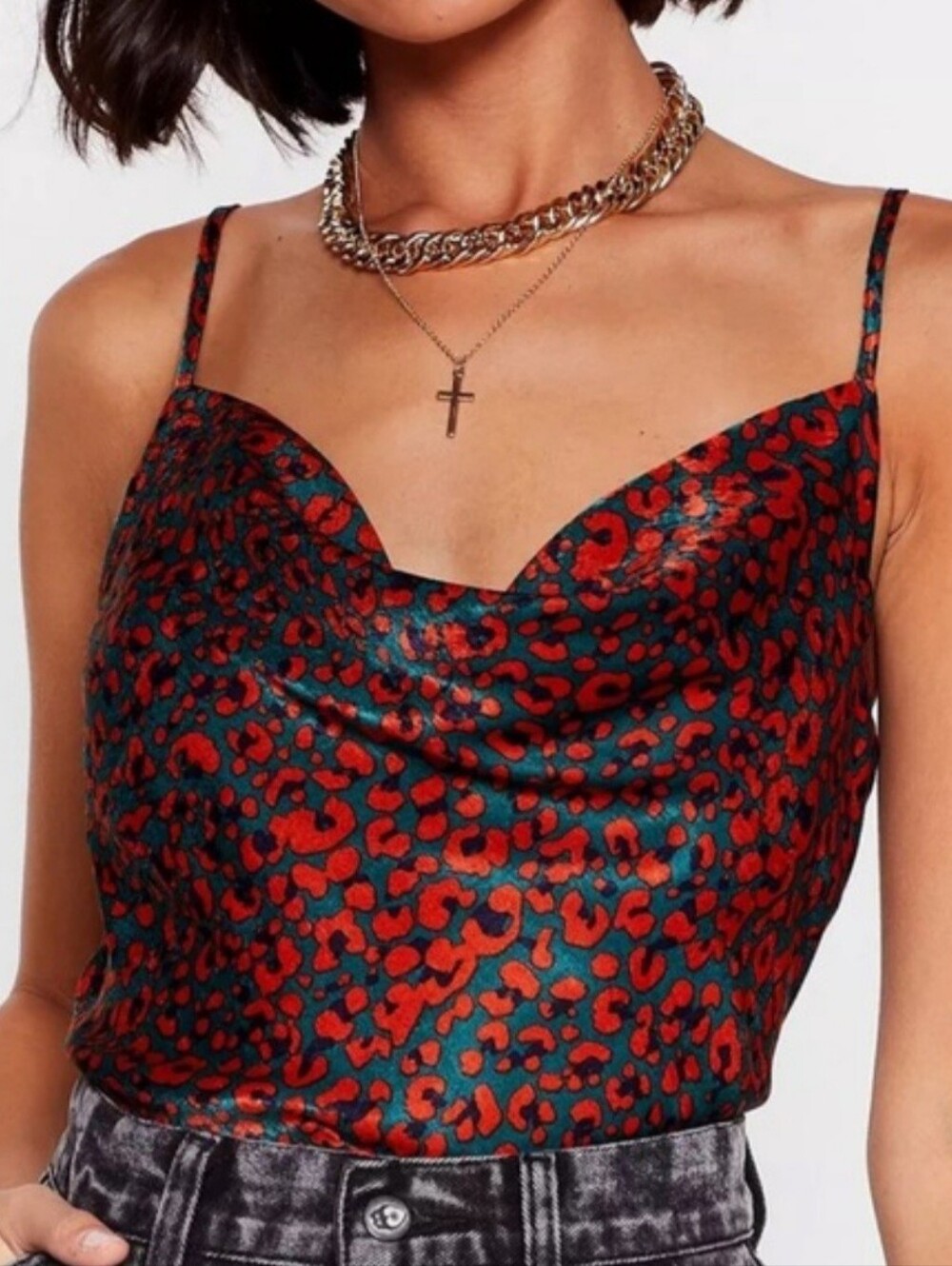 Nasty Gal Blue & Red Leopard Print Cowl Neck Cami US Size 2